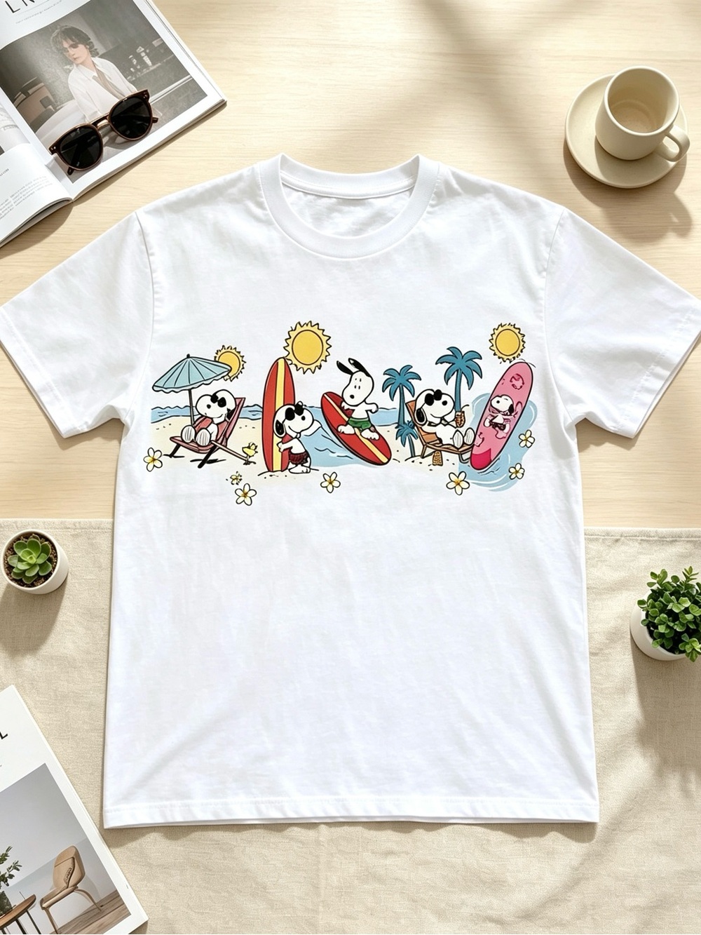 Men's White Short Sleeve Graphic Tee with Beach Snoopy Print